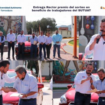 Rector entrega el premio del sorteo por el aniversario del SUTUAT